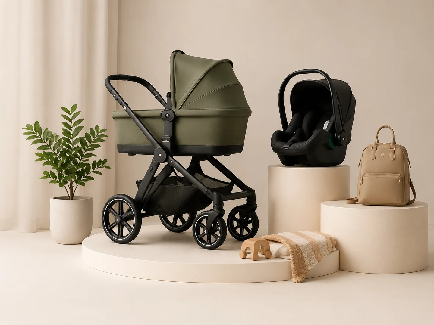 Barnvagn med liggdel, babyskydd och skötväska uppställda på beige podier